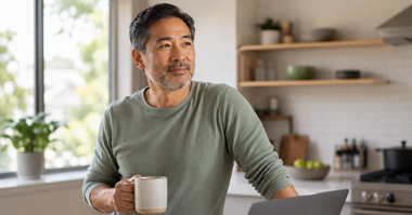 A man working from home with a cup of coffee, representing accessible, comprehensive virtual cancer care for Independence Blue Cross members.